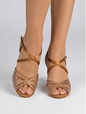 abordables Latin Shoes-Women's Tan Rhinestone Latin Dance Heels - Sparkling Strappy Salsa Ballroom Shoes
