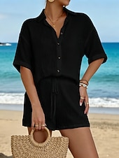 tanie Zestawy-Damskie Zestawy spodenek Krótki rękaw Kołnierzyk koszuli Jednokolorowe Moda Moda miejska Codzienny Na zewnątrz Plaża Czarny Biały Lato Regularny