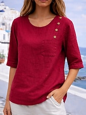cheap Plain Blouses-Women's Blouse Faux Linen Shirt Pocket Buttons Plain Basic Casual Half Sleeve Crew Neck Regular Tops Daily Blue Red Green Gray Summer Spring