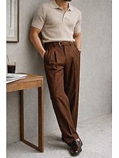 economico Giacche e Completi uomo-Pantaloni eleganti da uomo in lino, plissettati, vestibilità comoda – pantaloni estivi leggeri e casual, gamba larga e dritta, disponibili in marrone, blu navy e beige.