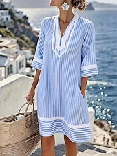 voordelige Gestreepte &amp; Geometrische Jurken-Dames Mini-jurk Gestreepte jurk Zomerjurk Basic Klassiek Dagelijks Vakantie Ruim Passend Gestreept Halve mouw V-hals blauw Zomer Lente