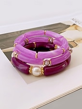 billige Damearmbånd-Bohemsk 3-delt armbåndssett i akryl for kvinner, elastiske, stabelbare armbånd, perfekt for strandferie, hverdagsbruk og sommertilbehør