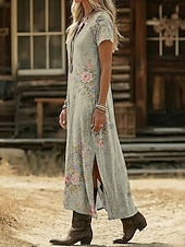  Damen Midikleid Boho-Kleid Freizeitkleid A Linie Kleid Druckkleid Vintage Outdoor Urlaub Wochenende Normale Passform Blumen Grafik Kurzarm V Ausschnitt Grün Sommer Frühling