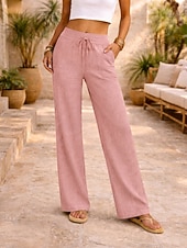 cheap Bottoms-Women's Linen-feel Pants Summer Pants Vacation Basic Full Length Medium Waist Plain Drawstring Comfort Micro-elastic Daily Blue Depression Green Apricot Grey Summer Spring