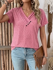 baratos Camiseta lisa-Mulheres Tops de verão Franzido Botões à moda Clássico Manga Curta Decote V Tops regulares Casual Diário Roupas de férias Preto Branco Rosa Vermelho Azul Real Verão Primavera