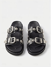 preiswerte Rutschsandalen-Schwarze Slide-Sandalen im Western-Stil für Damen – Riemchensandalen mit silberner Schnalle für Boho- und lässige Sommer-Outfits
