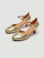 voordelige Ballroomschoenen &amp; moderne dansschoenen-Damesschoenen met gouden glitter, gesloten neus, ballroomdanshakken en enkelbandje, standaard dansschoenen voor wals, foxtrot en tango. &amp; prestatie