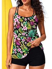 abordables Surfing Tankinis &amp; Bikinis-Mujer Regular Camiseta Protección Solar Surf Traje de baño con estampado floral Trajes de baño tankini Oceano Flores Tropical 2 Piezas Acolchado extraíble Boyleg Protección solar UV UPF50+ Elástico