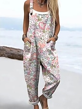 cheap Casual Jumpsuits-Women's Overall Active Floral Sleeveless Sleeveless Square Neck Pocket Print Daily Beach Loose Fit White Pink Beige Summer