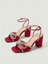 economico Sandali con tacco-Sandali da donna neri con tacco a blocco e strass, eleganti scarpe da sera con cinturino alla caviglia e tacco grosso per cocktail party e balli di fine anno. &amp;eventi serali