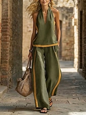 abordables Conjuntos-Mujer Conjunto con tacto de lino Conjuntos de pantalones Sin Mangas Cuello halter Color sólido Moda Ropa de calle Casual Diario Exterior Azul Piscina Caqui Gris Verano Holgado
