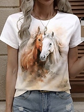 voordelige Dieren thee-Women's T Shirt Print Graphic Animal Horse Stylish Classic Casual Short Sleeve Crew Neck Round Neck Regular Tops Daily White Yellow Pink Summer Spring