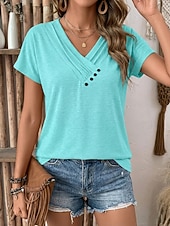 baratos Camiseta lisa-Mulheres Tops de verão Franzido Botões à moda Clássico Manga Curta Decote V Tops regulares Casual Diário Roupas de férias Preto Branco Rosa Vermelho Azul Real Verão Primavera