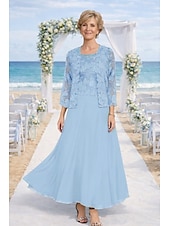 preiswerte Mamas Kleidersets-Zweiteilig Kleid-Sets Knöchellänge Kleid für Hochzeitsgäste Brautmutterkleid Langarm Rundhalsausschnitt Elegant Hochzeitsgast Kirche Chiffon mit Spitze Stickerei