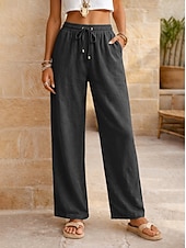 cheap Bottoms-Women's Cotton Linen Pants Summer Pants Pants Trousers Vacation Basic Casual Daily Full Length Natural Plain Drawstring Front Pocket Comfort Breathability Comfortable Inelastic Daily Going out Weekend
