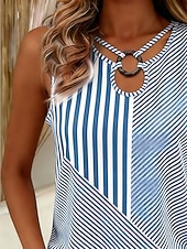cheap Grafiktank-Women's Keyhole Top Tunic Tank Top Keyhole Graphic Geometric Striped Stylish Classic Sleeveless Asymmetrical Regular Tops Casual Daily Blue Summer Spring
