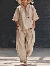 Χαμηλού Κόστους Σκηνικά-Γυναικεία Σετ με λινή αίσθηση Σετ παντελονιών 3/4 Μήκος Μανικιού Λαιμόκοψη V Συμπαγές Χρώμα Μοντέρνα Κομψό στυλ street Causal Καθημερινά ΕΞΩΤΕΡΙΚΟΥ ΧΩΡΟΥ Θαλασσί Μαύρο Χακί Καλοκαίρι Χαλαρή Εφαρμογή