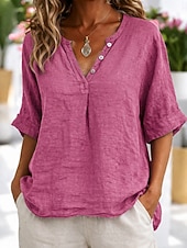 preiswerte Hemden-Damen Bluse Hemd aus Leinenimitat Knöpfe Einfarbig Stilvoll Lässig Dreiviertelarm V Ausschnitt Normale Oberteile Täglich Blau Schwarz Gelb Fuchsie Grau Sommer Frühling Herbst