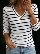 abordables Camiseta a rayas y geométrica-Mujer Camiseta A Rayas A Rayas Elegante Clásico Manga Larga Escote en Pico Tops regulares Casual Negro Blanco Primavera