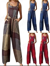 preiswerte Overalls &amp; Einteiler für Frauen-Damen Hose aus Baumwollleinen Mode Volle Länge Hohe Taille Karomuster Stilvoll Schnalle Drucken Atmungsaktivität Weich Mikroelastisch Lässig Täglich Heim Blau Hellgrünkaffee Weinrot Sommer Frühling