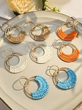 cheap Women's Earring-Women's Bohemian Woven Hoop Earrings, Alloy Rattan Style Statement Round Earrings in Multiple Colors for Beach Vacation Travel, Resort Wear and Everyday Casual Summer Jewelry