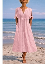 cheap White Lace Dresses-Women's Midi Dress Boho Dress A Line Dress Summer Dress Elegant Fashion Modern Daily Outdoor Beach Loose Fit Plain Short Sleeve V Neck White Purple Light Blue Summer Spring