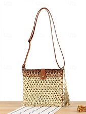 Недорогие Дорожные сумки для отдыха-Женская богемная соломенная сумка с кисточкой, регулируемым плечевым ремнем, два цвета (белый и хаки), легкая плетеная пляжная сумка, идеально подходит для отдыха, повседневной носки и летних прогулок.