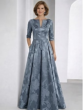 abordables Largo del piso-Corte A Hasta el Suelo Vestido Invitada Boda Vestido formal Vestido de la Llamarada Vestido de Madrina Media Manga Escote en Pico Elegante Vintage Formal Jacquard con Lazo(s)
