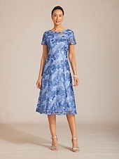 preiswerte Einfaches Kleid-Damen Midikleid A Linie Kleid Elegant Täglich Hochzeitsgast Pailletten Bestickt Normale Passform Blumen Kurzarm Rundhalsausschnitt Wedgewood