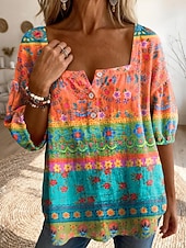 billige Kunst og Design Bluser-Dame Bluse Trykt mønster Grafisk Geometrisk Årgang Daglig Stilfull Halvlange ermer Firkantet hals Vanlige topper Avslappet Daglig Blå Gul Rød Oransje Sommer Vår