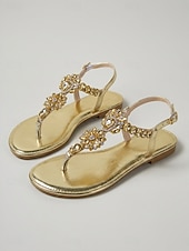 cheap Flat Sandals-Women's Gold Crystal Flat Sandals, Open Toe T-Strap Evening Dress Shoes for Resort Dinner, Vacation &amp; Summer Evening Events