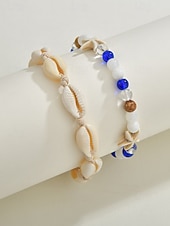 Недорогие Женский браслет-Женский богемный браслет на лодыжку из ракушек с подвесками в виде звезд, двухслойный, регулируемая длина, идеально подходит для пляжного отдыха, повседневной носки и летних аксессуаров.