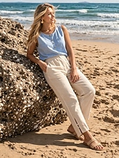abordables Bas-Femmes Chinos Pantalon d'été 100% Coton Droit Vacances Streetwear Basique Longueur complète Taille moyenne Uni Avec Poches Taille Élastique Confortable Confort Non Elastique Quotidien Extérieur