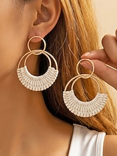 cheap Women's Earring-Women's Bohemian Woven Hoop Earrings, Alloy Rattan Style Statement Round Earrings in Multiple Colors for Beach Vacation Travel, Resort Wear and Everyday Casual Summer Jewelry