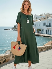 cheap Dresses-Women's Maxi Dress Cotton Linen Dress Fashion Modern Daily Outdoor Vacation Loose Fit Plain Short Sleeve Crew Neck Blue Pink Red Dark Green Summer Spring