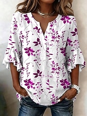 baratos Blusas Florais-Mulheres Blusa Frufru Imprimir Floral Gráfico Férias Diário Retro Vintage Manga 3/4 Decote V Tops longos Casual Diário Feriado Azul Vermelho Roxo Verde Verão Primavera