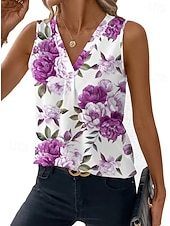 billige Grafisk tank-Women's Tank Top Floral Graphic Plants Elegant Vintage Stylish Sleeveless V Neck Regular Tops Beach Wedding Casual Daily White Light Pink Light Purple Orange Summer Spring