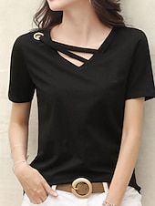tanie gładka koszulka-Damskie Podkoszulek Koszulka Przekrój krzyżowy z otworem Równina Moda Elegancki Klasyczny Krótki rękaw W serek Zwykłe topy Codzienny Wyjściowe Weekend Czarny Biały Żółty Rumiany róż Zielony Lato