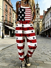  Amerykański Dzień Niepodległości damski kombinezon aktywny graficzny bez rękawów bez rękawów prosty kwadratowy dekolt patchworkowa kieszeń codzienna plaża luźny krój niebieski czerwony lato