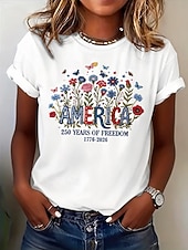 baratos Dia da Independência Top-Dia da Independência Americana Mulheres Camiseta Imprimir Floral Gráfico Bandeira à moda Clássico Casual Manga Curta Gola Redonda Decote Redondo Tops regulares Casual Diário Azul Preto Branco Rosa