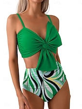 abordables Conjuntos de bikini-Mujer Bañadores Bikini 2 piezas Alta cintura Traje de baño Frunce Vacaciones Ropa de playa Graphic Escote en Pico Sin Mangas Trajes de baño
