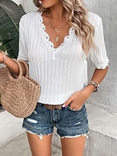  Per donna Maglietta Tinta unica Elegante Manica Corta Scollo a V Top Regolari Casuale Quotidiano Spiaggia Bianco Estate Primavera
