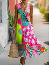 voordelige Afdrukken Bloemen Jurken-Dames Halflange jurk Boho-jurk Shirtjurk Zonnejurk Elegant Bohemen Etnisch Strand Feestdagen Normale pasvorm Bloemig Grafisch Abstract Mouwloos V-hals Blozend Roze Groen Beige Zomer Lente