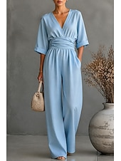 preiswerte Urlaubsoverall-Damen Overall Elegant Einfarbig Halbarm Weites Bein V Ausschnitt Patchwork Tasche Täglich Urlaub Normale Passform Schwarz Weiß Gelb Sommer