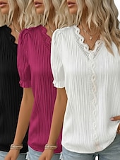  3er-Pack Damenblusen, T-Shirts, Oberteile mit Strukturmuster, Spitze, Patchwork, schlicht, modisch, stilvoll, klassisch, Kurzarm, V-Ausschnitt, normale Oberteile, lässig, für Alltag, Strand, Weiß + Fuchsia + Gelb