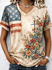  American Independence Day Women's T Shirt Print Graphic American Flag Stylish Classic Casual Short Sleeve V Neck Regular Tops Casual Daily White Brown Summer Spring