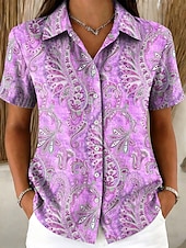 Χαμηλού Κόστους Τέχνη &amp; Σχεδίαση Μπλούζες-Γυναικεία Πουκάμισο Κουμπιά Στάμπα Γραφική Λαχούρι Βίντατζ Στυλάτο Μοντέρνα Κοντομάνικο Κολάρο Πουκαμίσου Κανονικά μπλουζάκια Causal Καθημερινά Θαλασσί Κίτρινο Ανθισμένο Ροζ Βαθυγάλαζο Βυσσινί