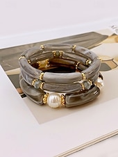 billige Damearmbånd-Bohemsk 3-delt armbåndssett i akryl for kvinner, elastiske, stabelbare armbånd, perfekt for strandferie, hverdagsbruk og sommertilbehør