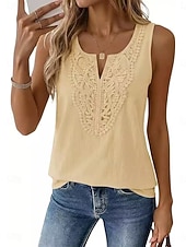 cheap Lace Tops-Women's Blouse Patchwork Plain Vintage Stylish Sleeveless V Neck Regular Tops Daily Outdoor Holiday Black White Navy Blue Apricot Rose Pink Summer Spring