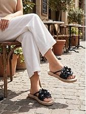 baratos Chinelos de slide-sandálias femininas boêmias brancas de tecido com detalhes florais – sandálias de verão confortáveis e estilosas para férias na praia e uso casual